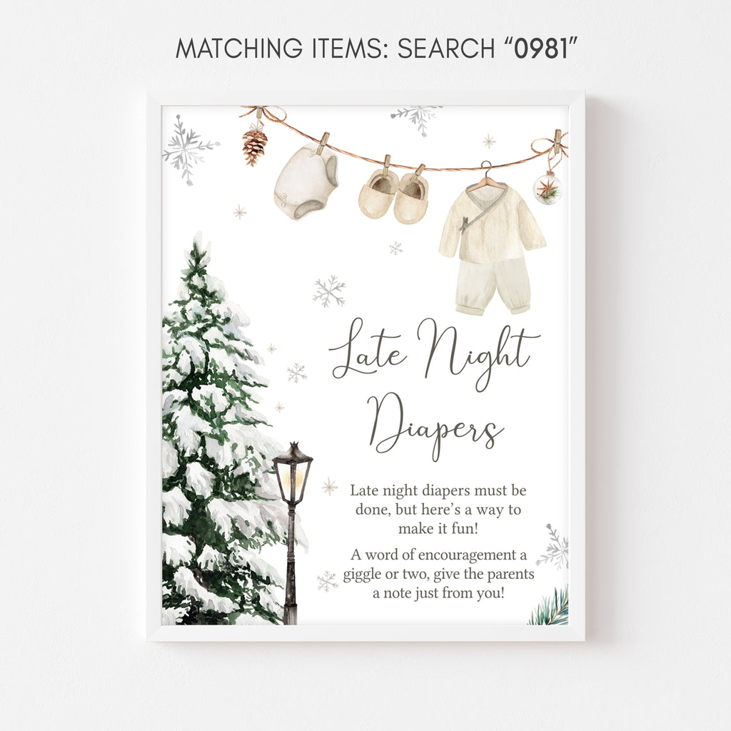 Winter baby shower late night diapers sign, rustic Christmas themed design with snowy pine accents