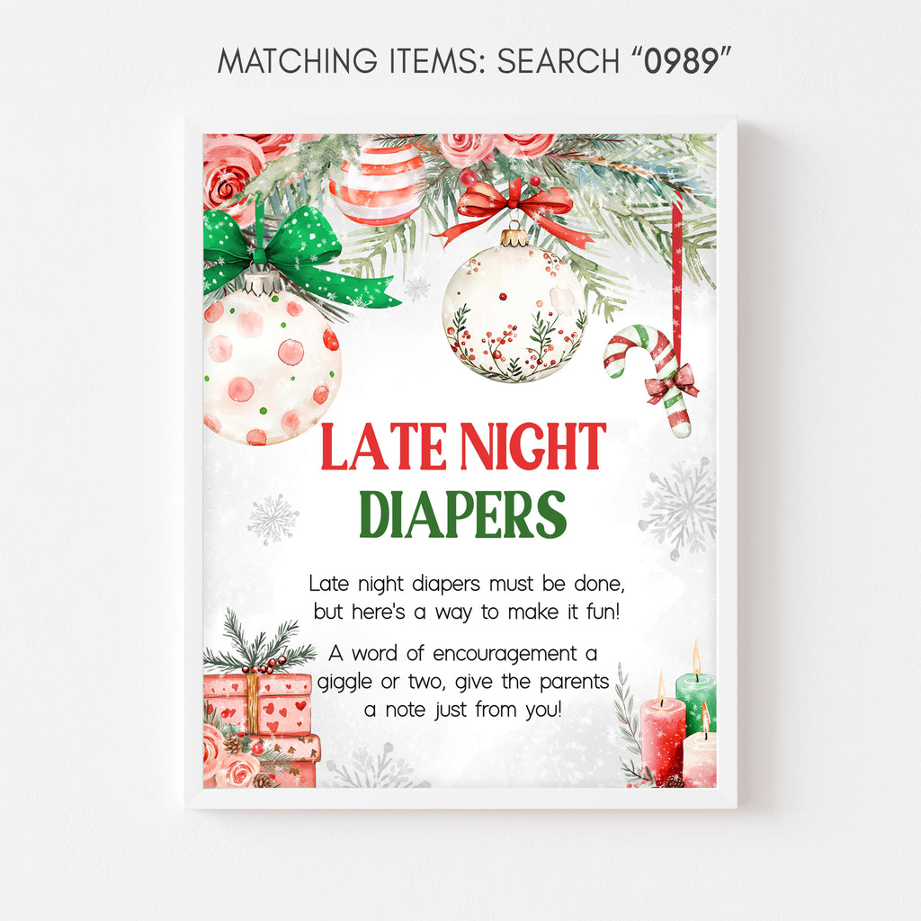Christmas baby shower late night diapers sign, holiday printable with festive candles and ornaments