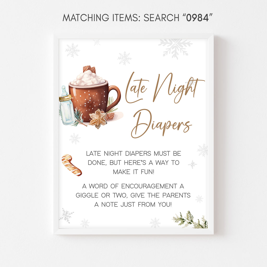 Winter baby shower late night diapers sign, gender neutral rustic snowflake holiday design