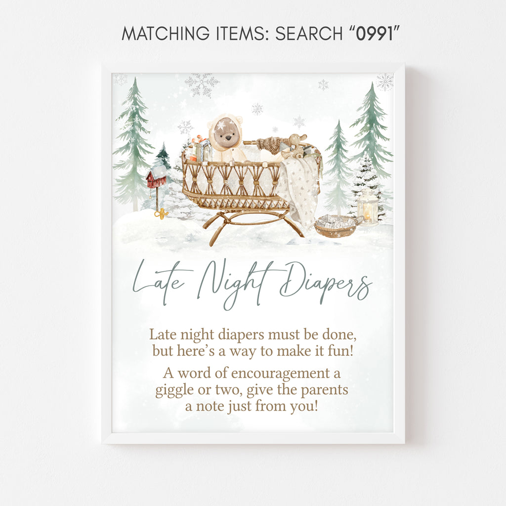 Rustic woodland winter baby shower late night diapers sign, gender neutral theme