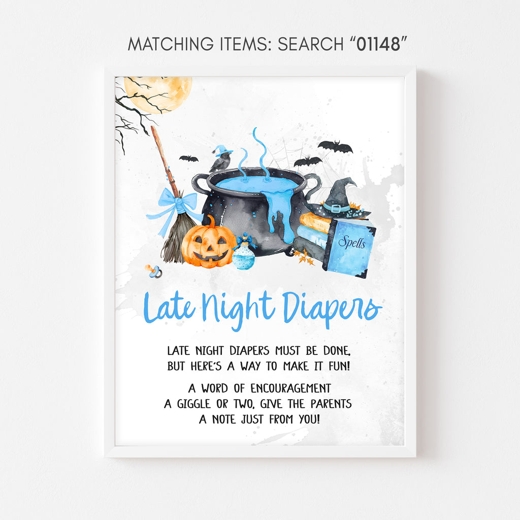 Late night diapers sign, blue pumpkin and witch cauldron Halloween baby shower table sign