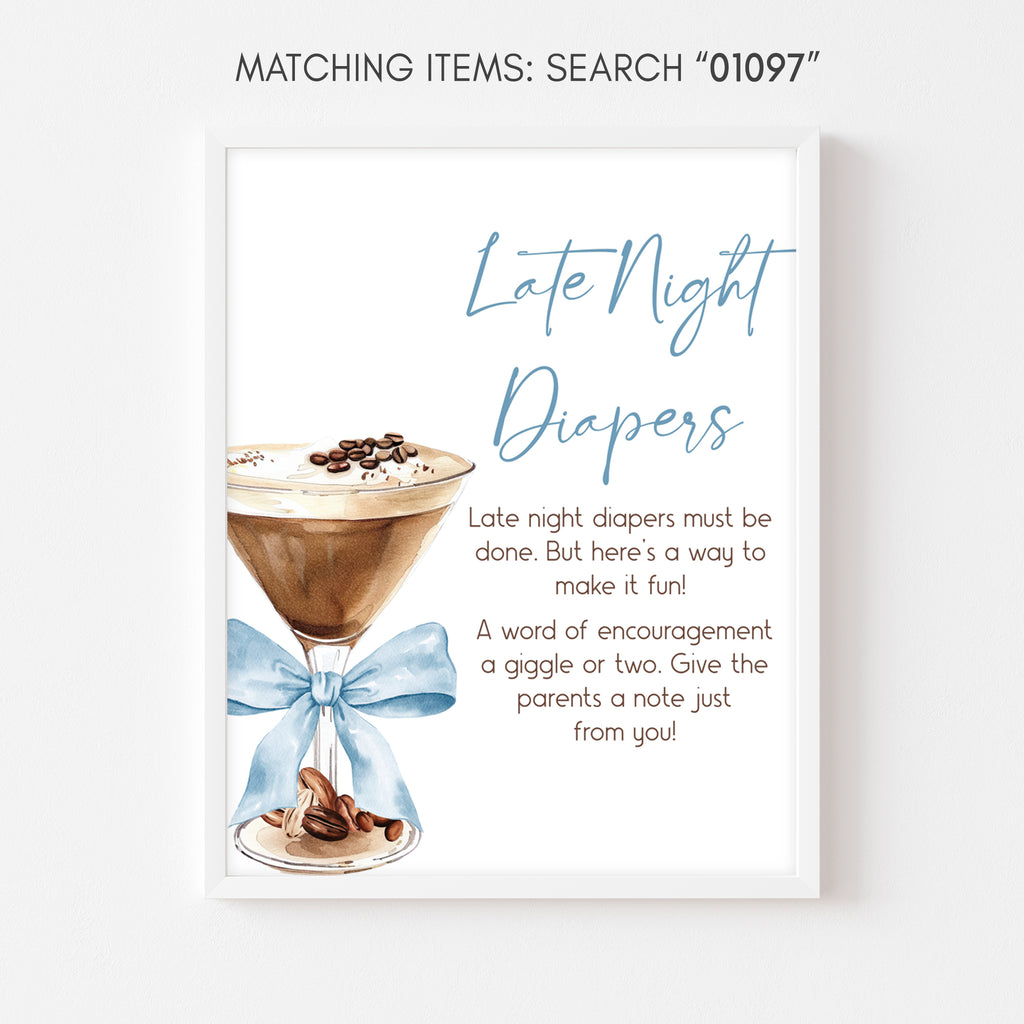 Tini one baby shower late night diapers sign, espresso martini themed printable, coffee themed tini one boy baby shower diaper station sign