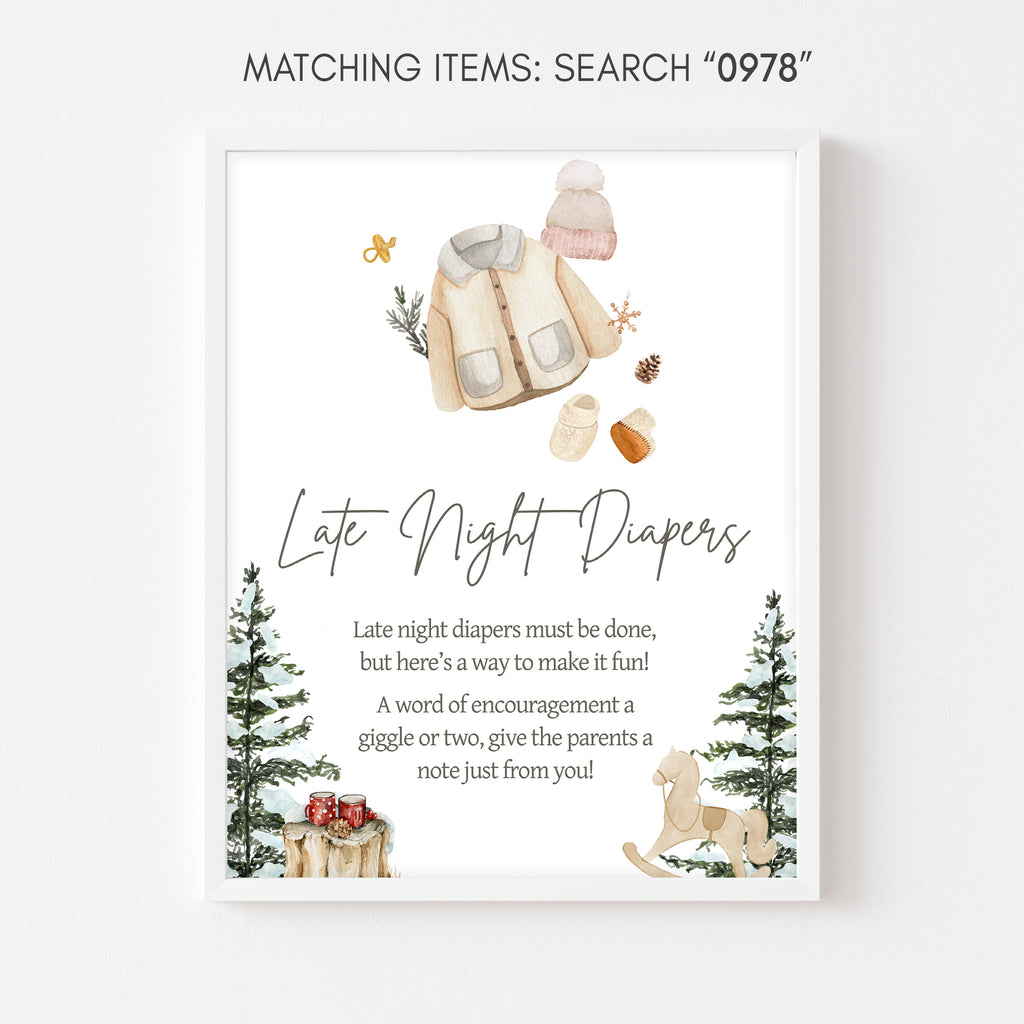 Woodland winter baby shower late night diapers sign