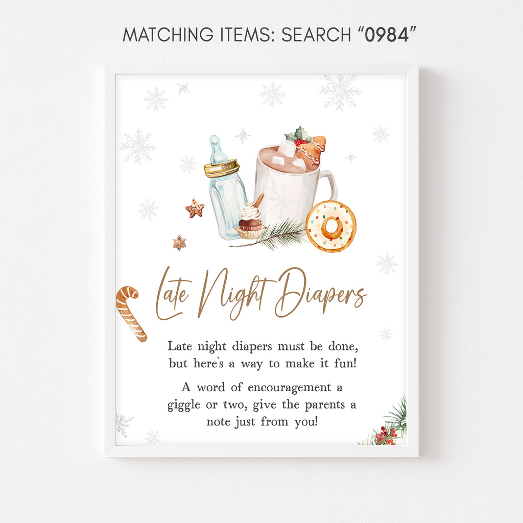 Printable winter baby shower late night diapers sign with rustic snowflakes and cocoa theme