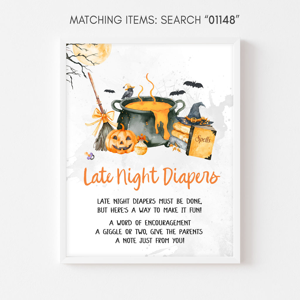 Late night diapers sign, spooky pumpkin and witch cauldron baby shower table sign
