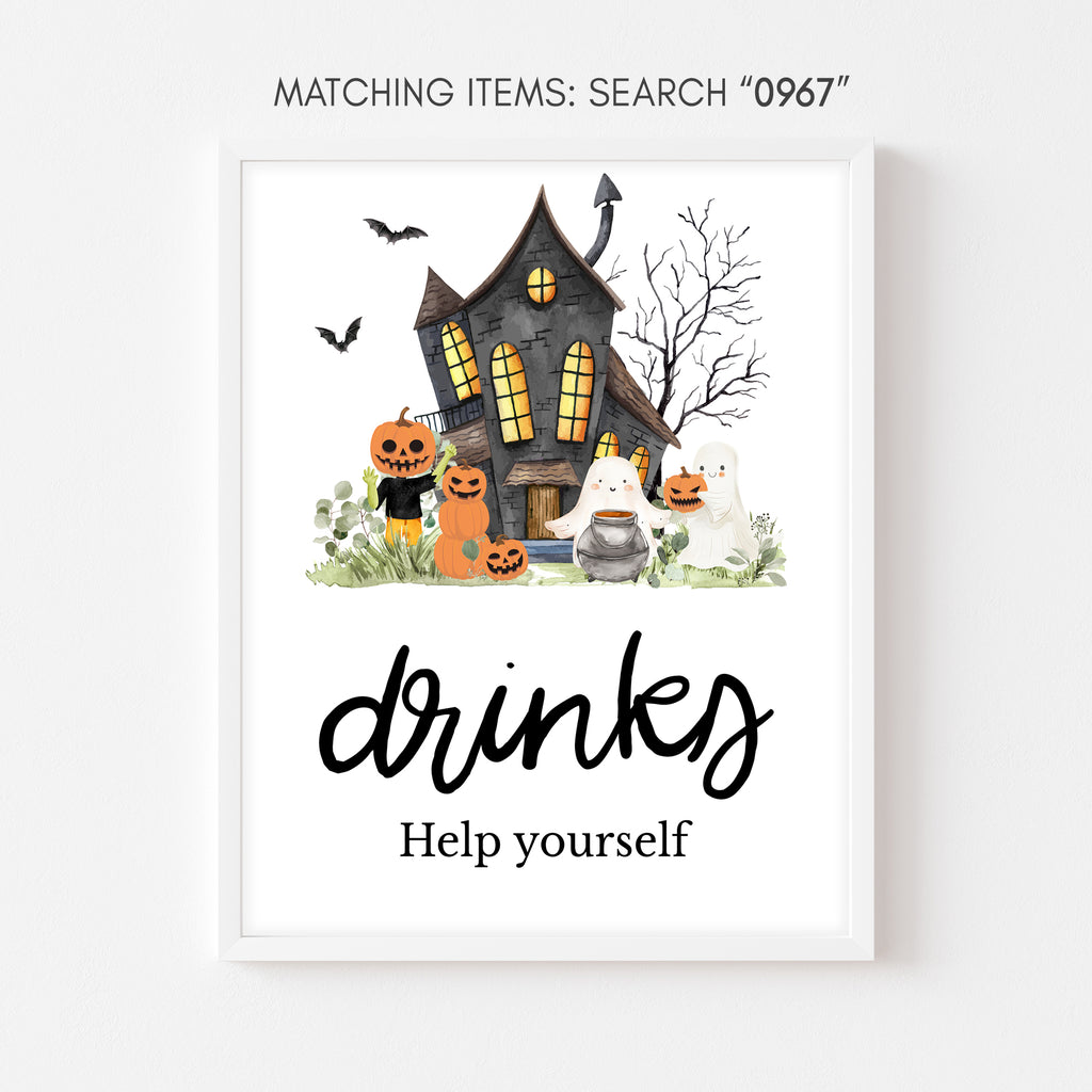 Halloween baby shower drinks sign with ghost, pumpkin, haunted house design, gender neutral little boo