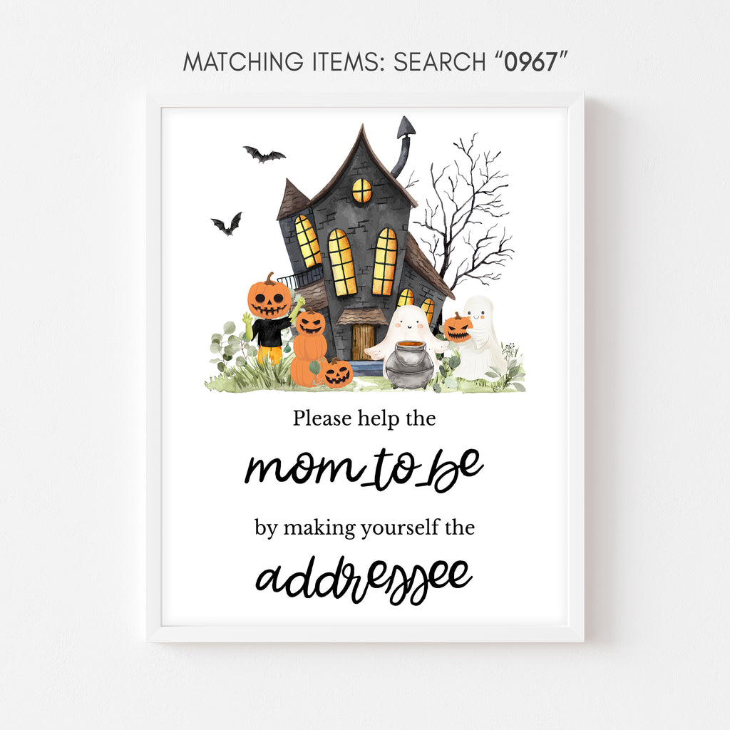 Spooky Halloween baby shower envelope station sign with pumpkins, ghosts, haunted house little boo theme