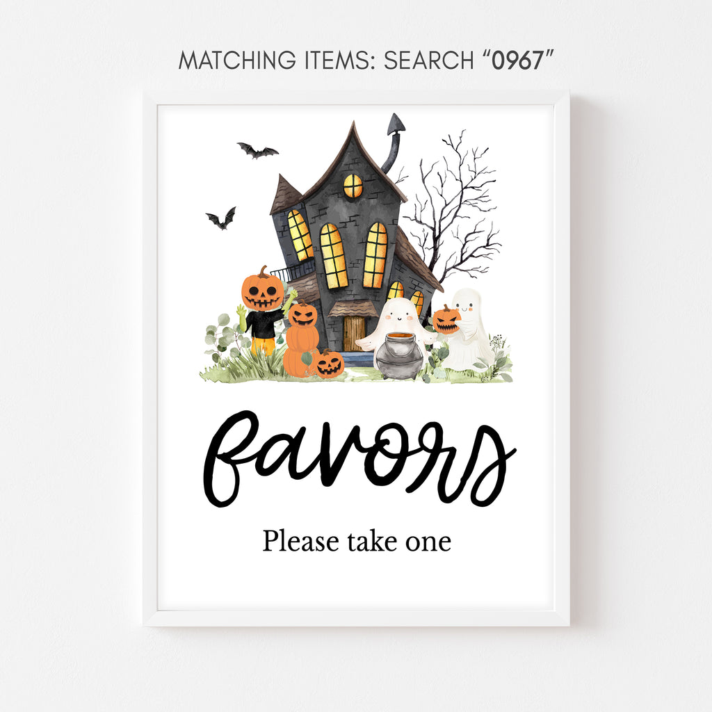 Halloween baby shower favors sign with ghost and pumpkin haunted house design, gender neutral theme