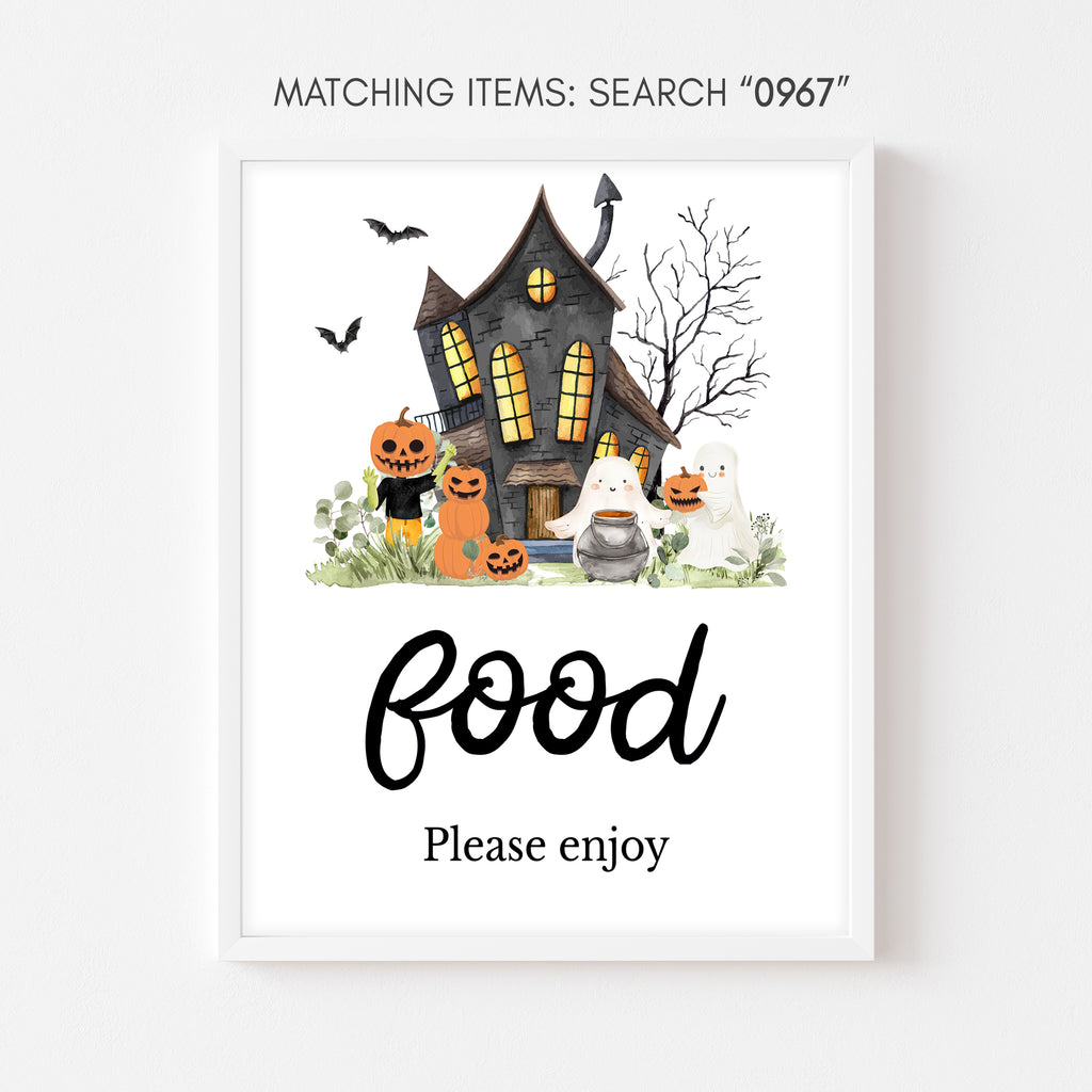 Spooky little boo Halloween baby shower food sign with pumpkins, ghosts, haunted house design
