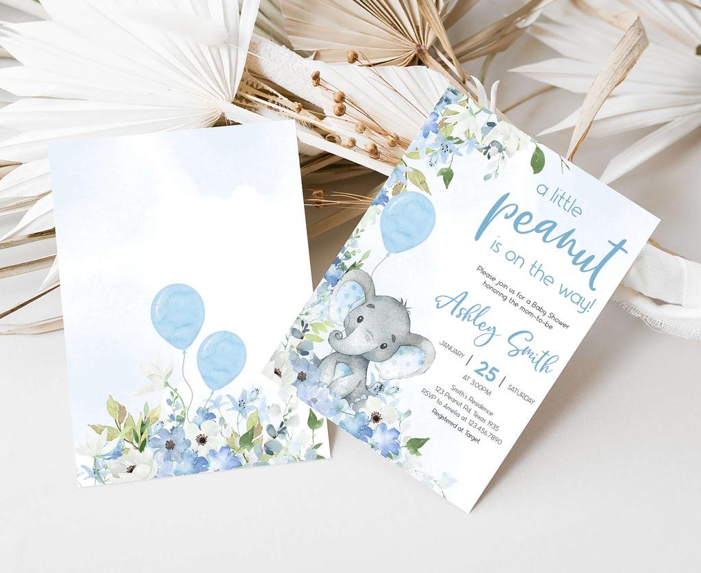 Baby shower invitation with elephant and balloons on a white background