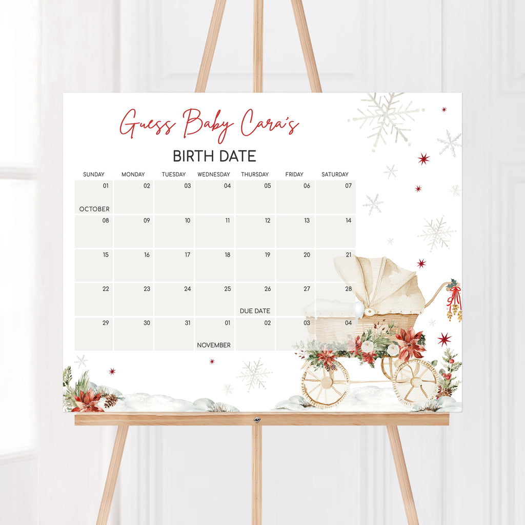 Neutral Christmas baby shower due date calendar, festive winter baby prediction game