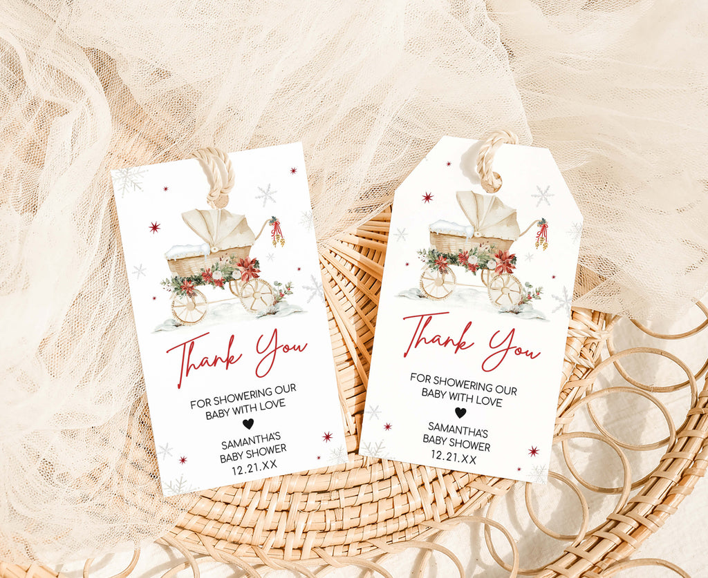 Holiday baby shower favor tags, rustic Christmas baby shower thank you tags printable