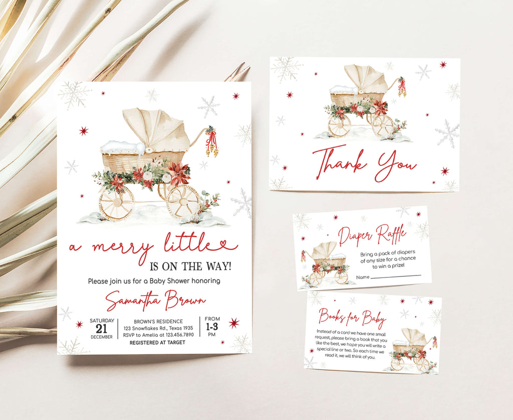 Rustic Christmas baby shower invitation set, festive gender neutral holiday stationery