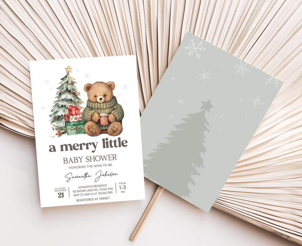 Rustic teddy bear winter baby shower invite, editable festive baby shower card for mom-to-be