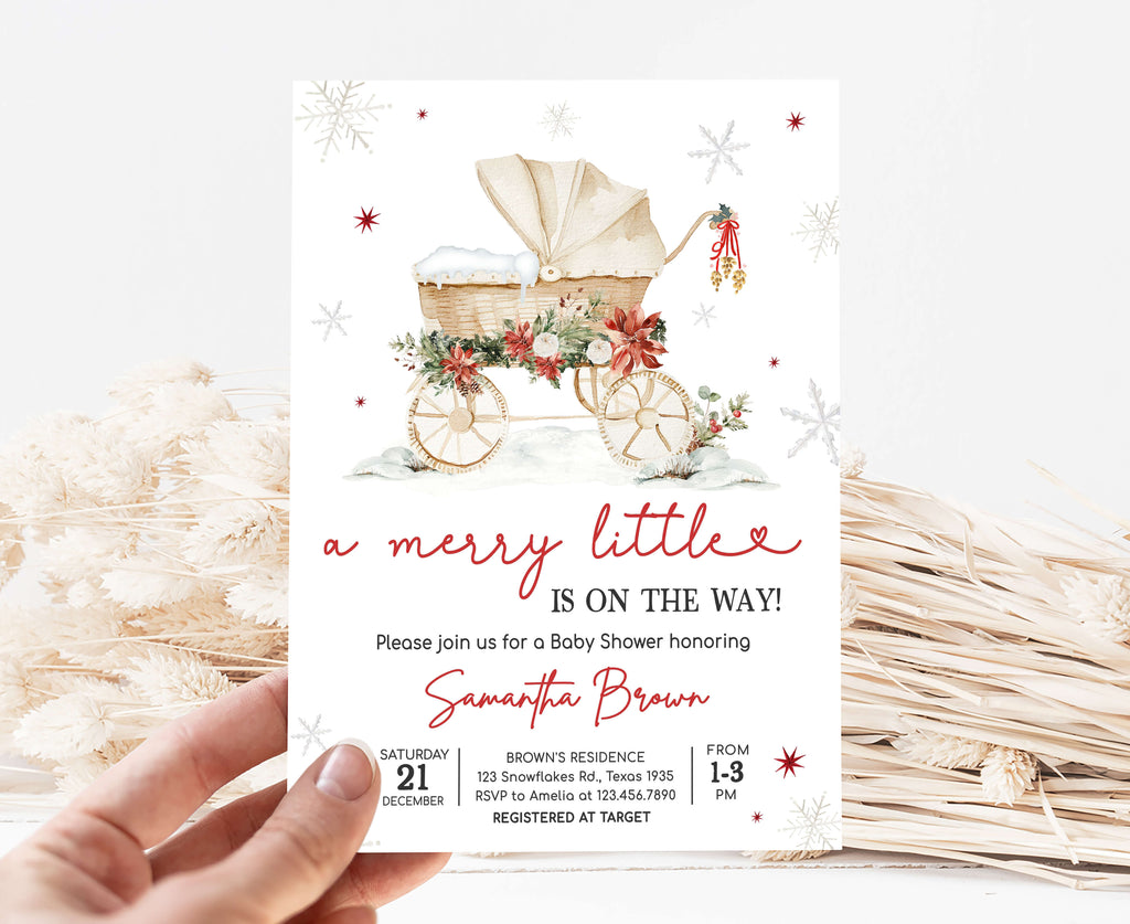Printable gender neutral Christmas baby shower invitation, editable holiday baby shower template for winter celebrations
