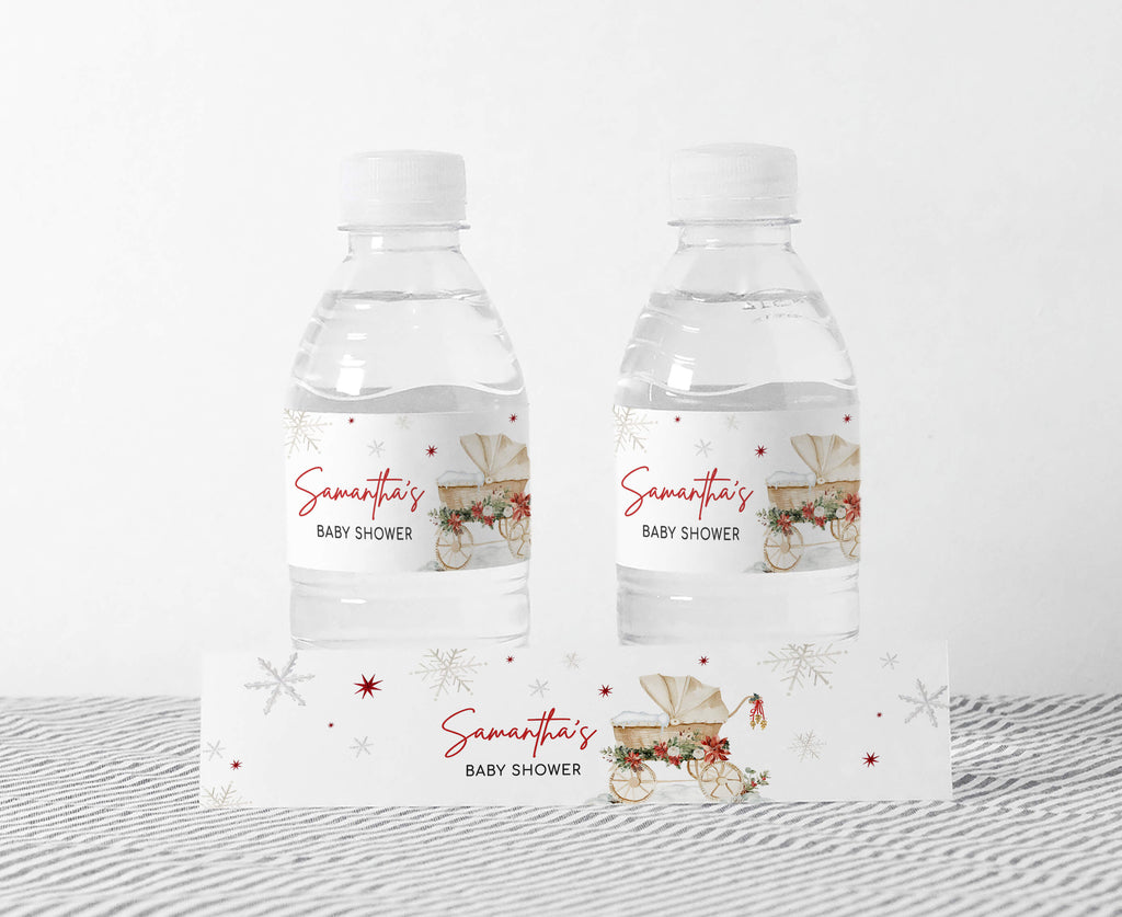 Christmas baby shower bottle labels, festive gender neutral winter party decorations