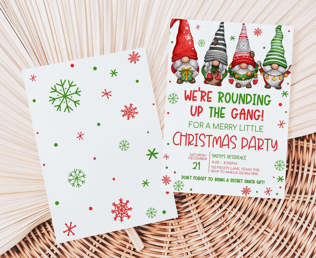 Festive holiday invitation with Scandinavian gnome design