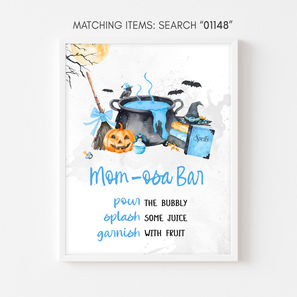 Mom osa bar sign, blue Halloween baby shower pumpkin and witch cauldron drinks table decor