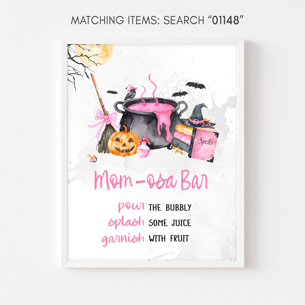 Mom osa bar sign, pink Halloween baby shower pumpkin and witch cauldron drinks table decor