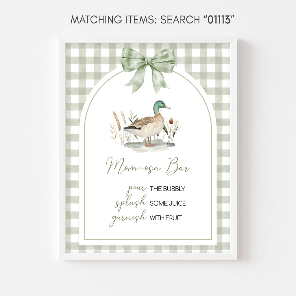 Woodland duck baby shower Mom Osa bar sign in sage green gingham design