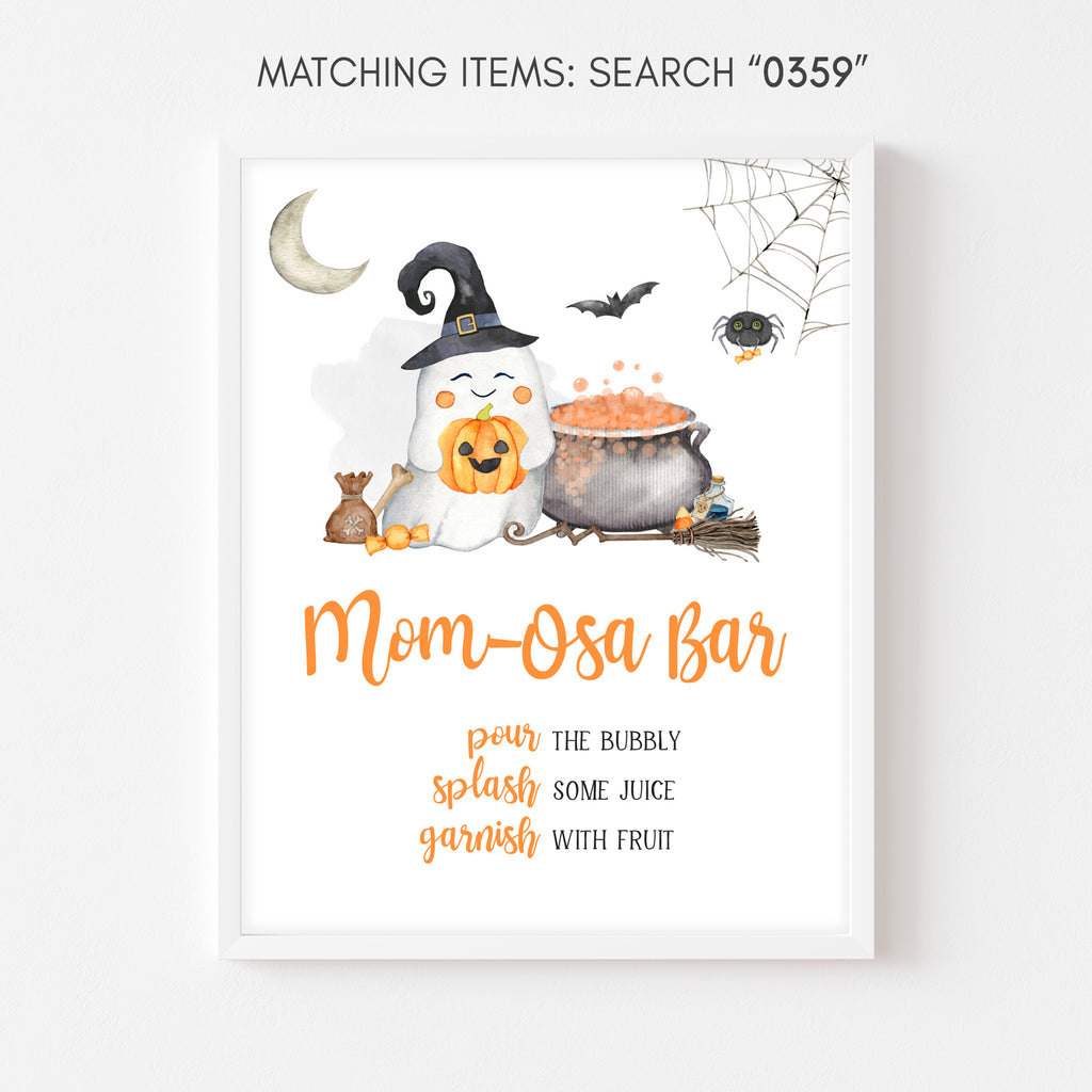 Halloween baby shower Mom Osa Bar sign with ghost and pumpkin design, gender neutral printable