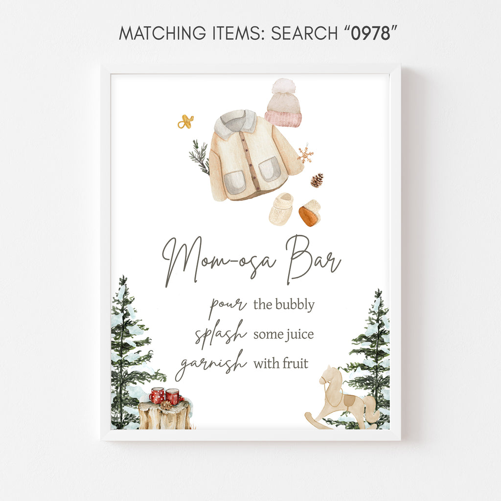 Rustic woodland baby shower Mom Osa Bar sign, winter design