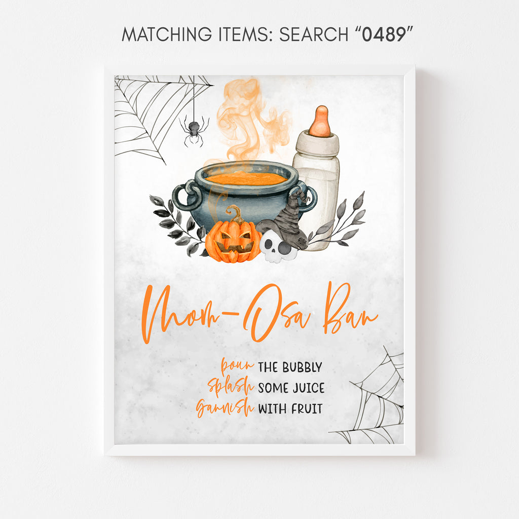 Halloween baby shower Mom Osa Bar sign with pumpkin and cauldron, spooky fall party decor
