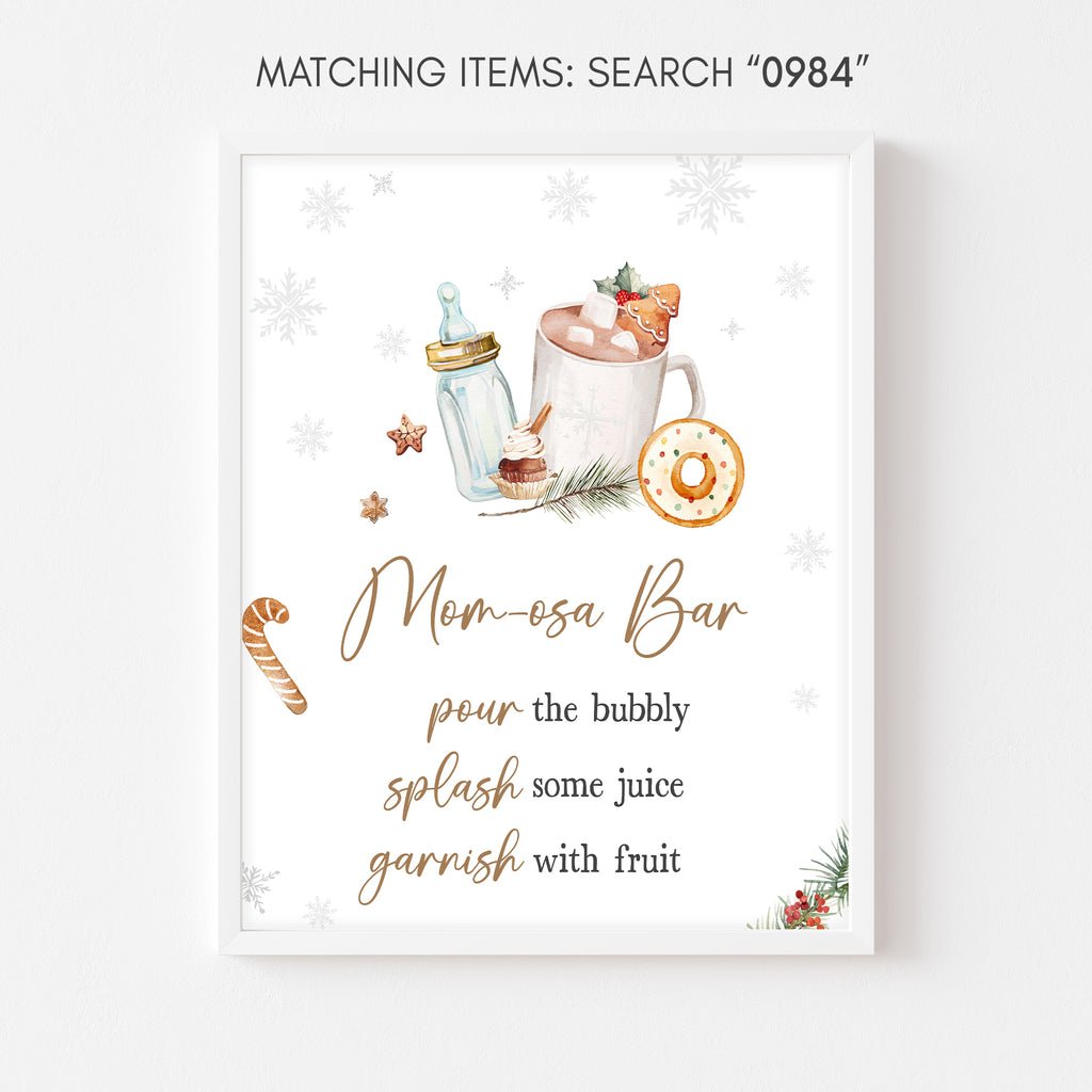 Rustic winter baby shower Mom-osa bar sign with snowflakes, neutral holiday hot cocoa design