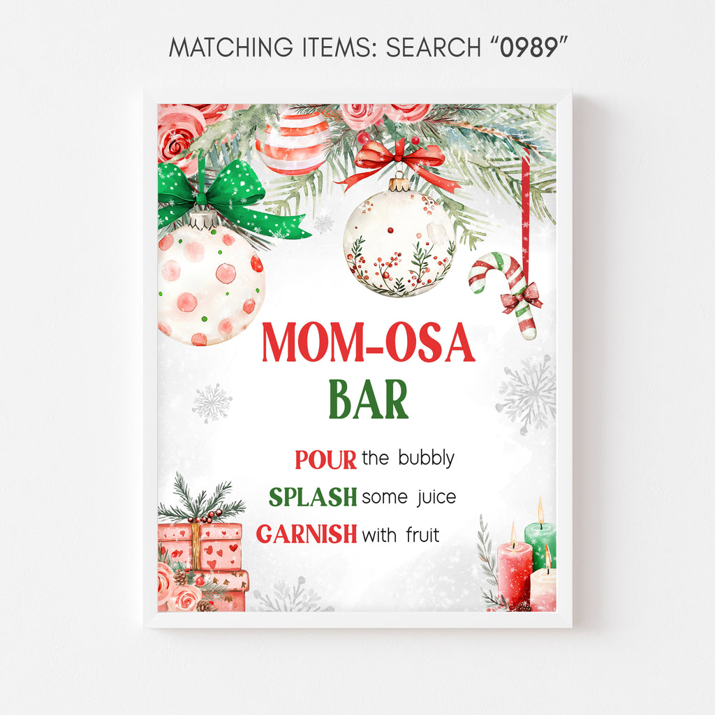 Holiday baby shower Mom-osa bar sign with Christmas greenery, ornaments, and festive red bows