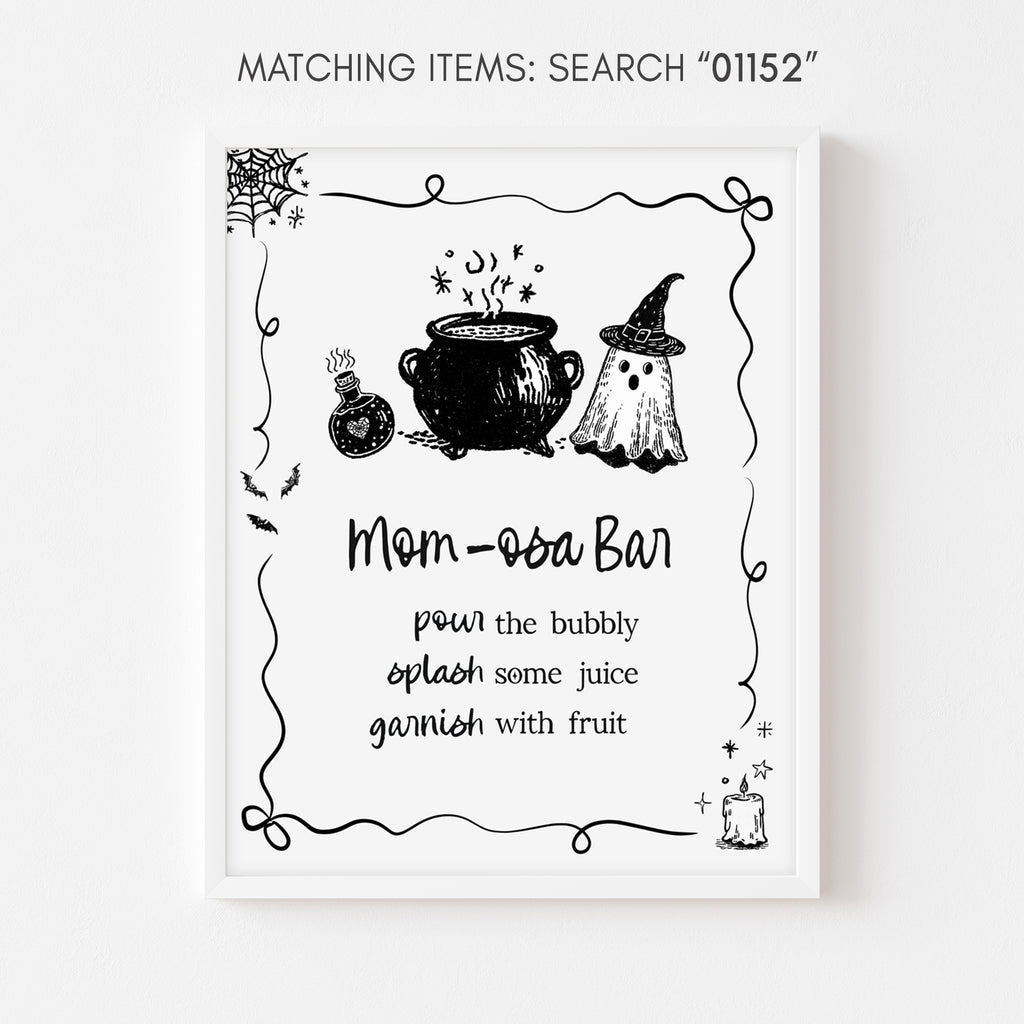 Mom-osa bar sign, Halloween baby shower drinks station décor, spooky ghost and cauldron