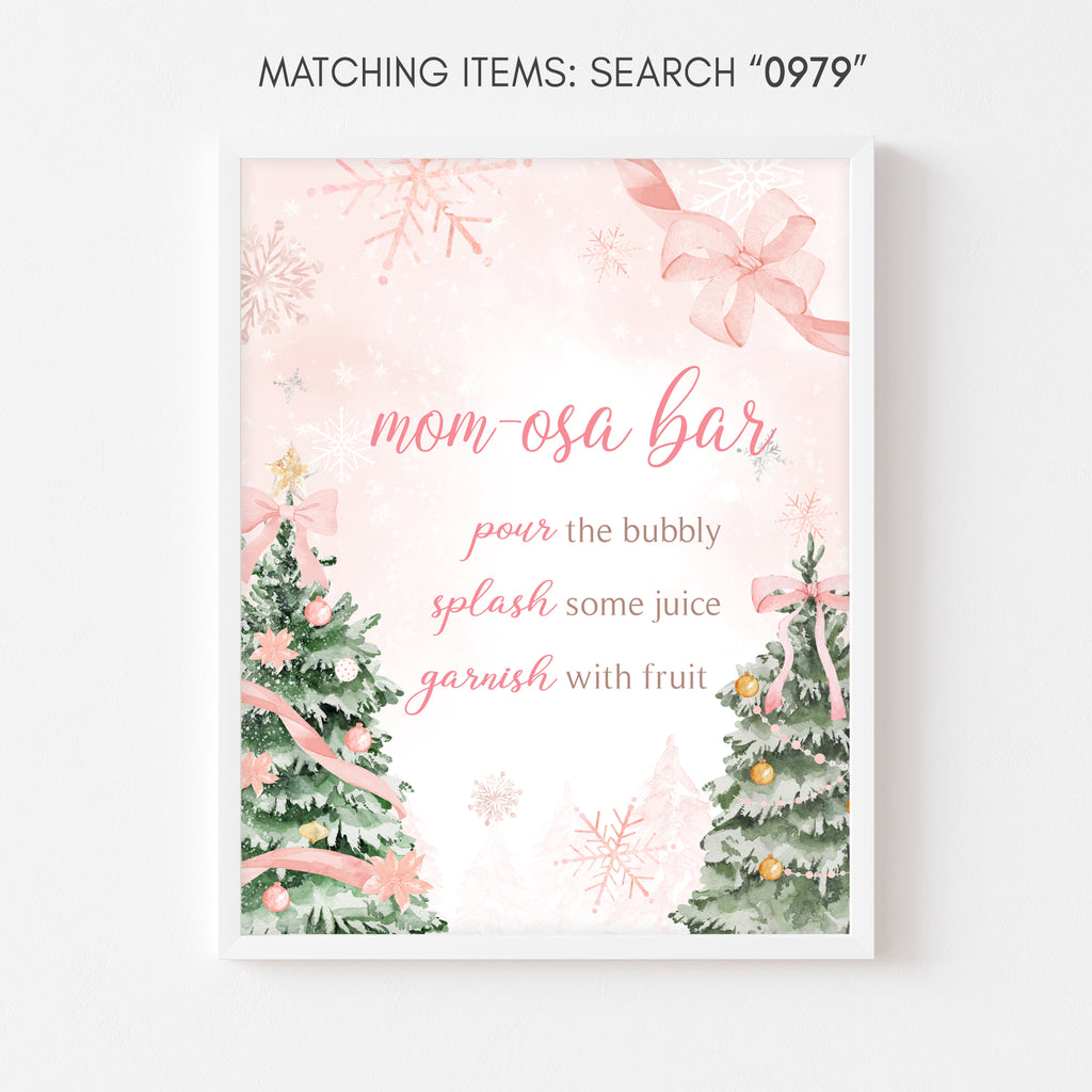Pink winter baby shower Mom-osa bar sign, festive snowflake holiday girl party decor