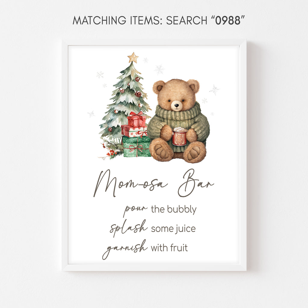 Holiday baby shower mom-osa bar sign with Christmas teddy bear festive design