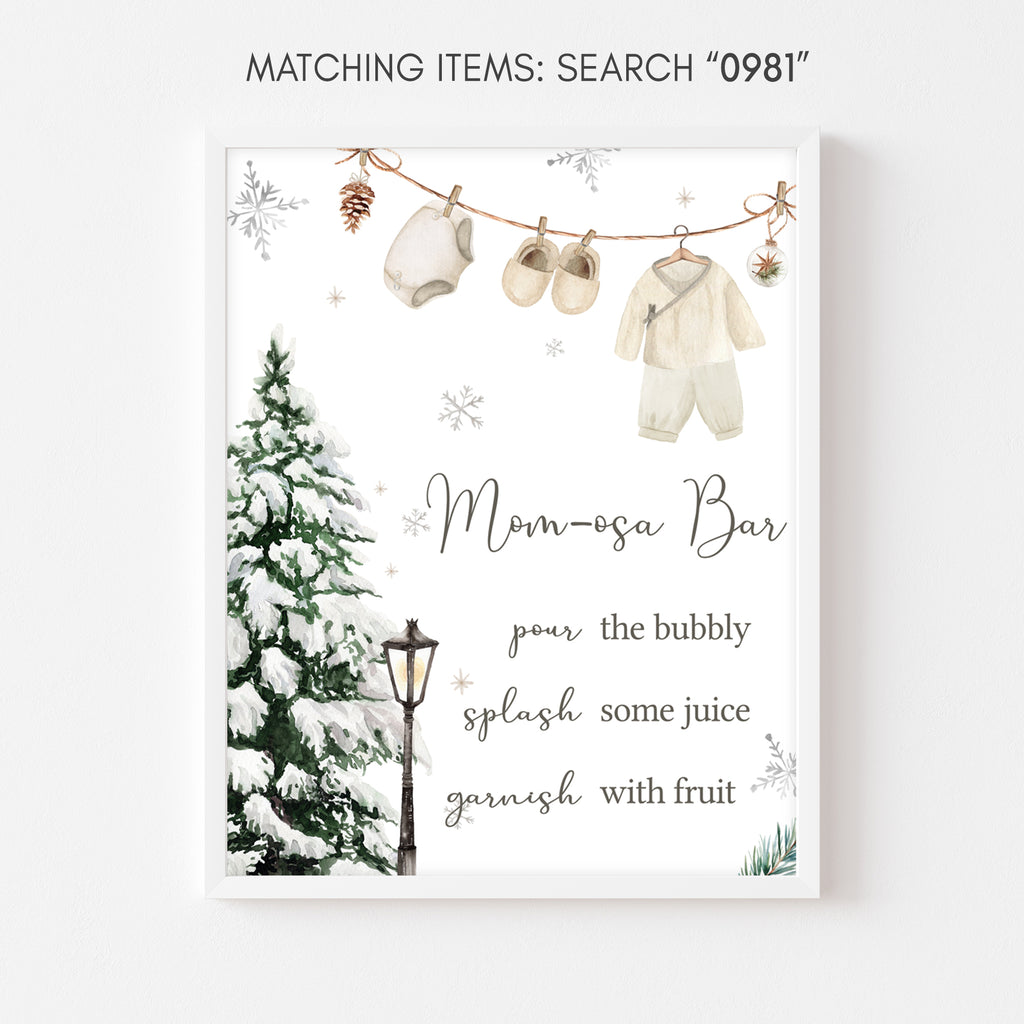 Rustic Christmas baby shower Mom Osa Bar sign, neutral holiday printable with snowy winter pine design