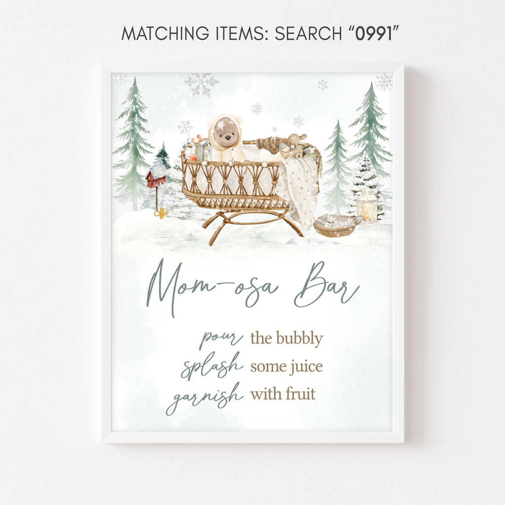 Winter baby shower Mom Osa bar sign, rustic woodland neutral printable party decor