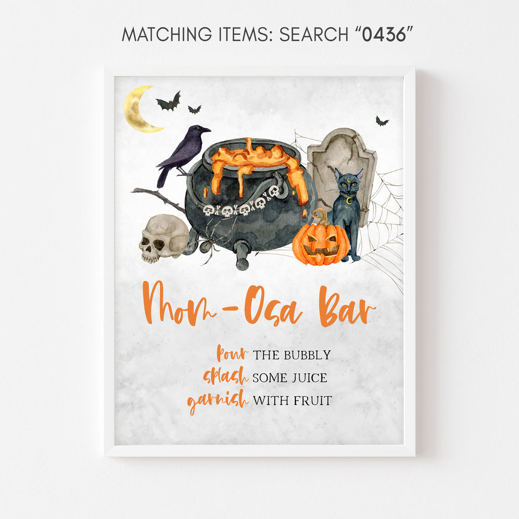 Halloween baby shower Mom-osa bar sign – cauldron and pumpkin art