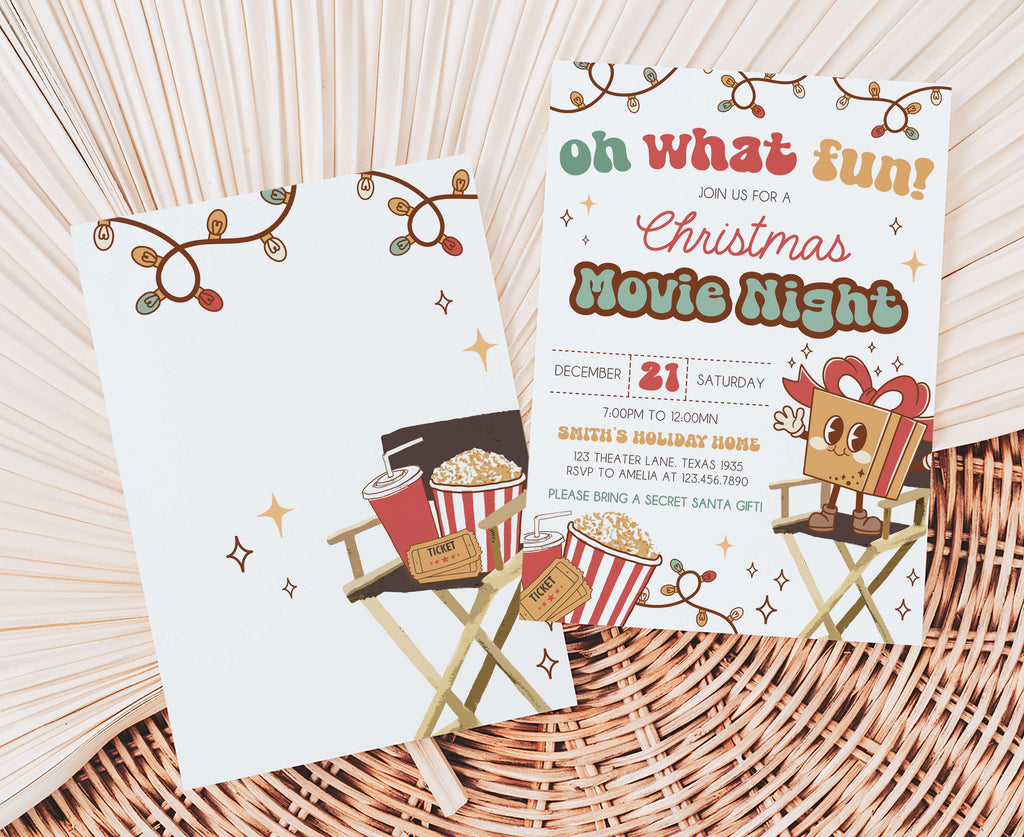 Cute holiday invitation template with popcorn and movie tickets
