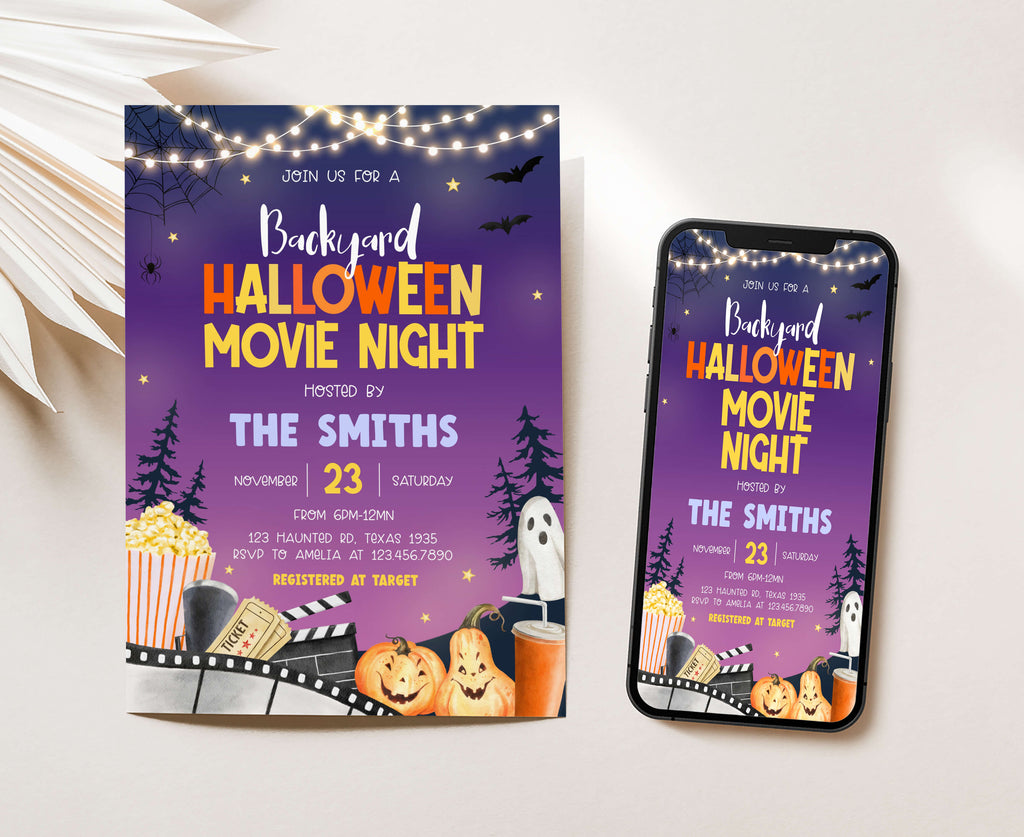 Outdoor Halloween party flyer with ghosts and bats design