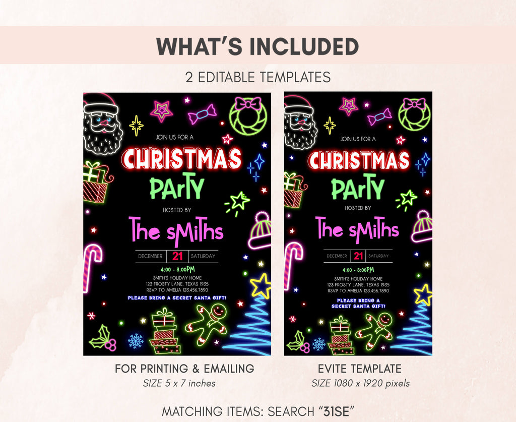 Unique neon Christmas invite design for festive celebrations