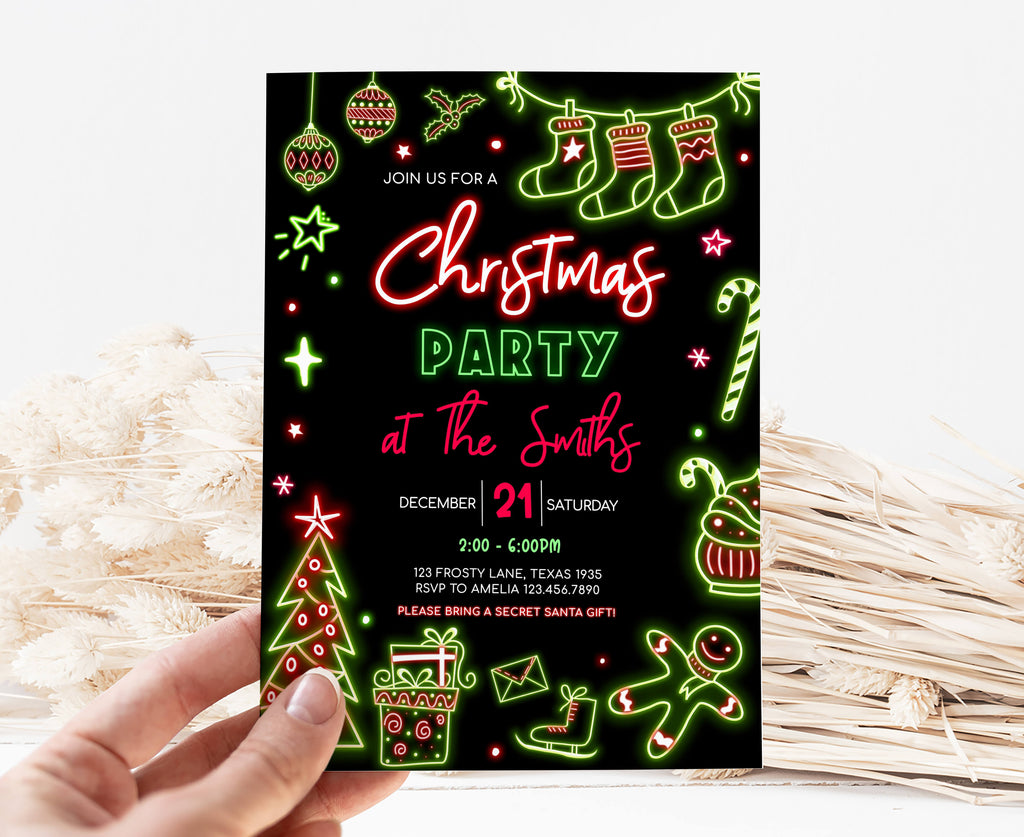 Editable neon Christmas invitation for holiday celebrations