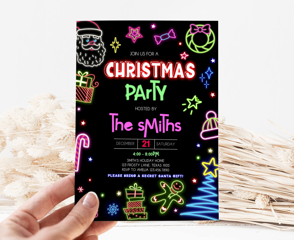 Printable neon holiday invitation with festive Christmas lights