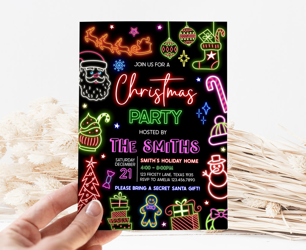 Printable neon Christmas party invitation template