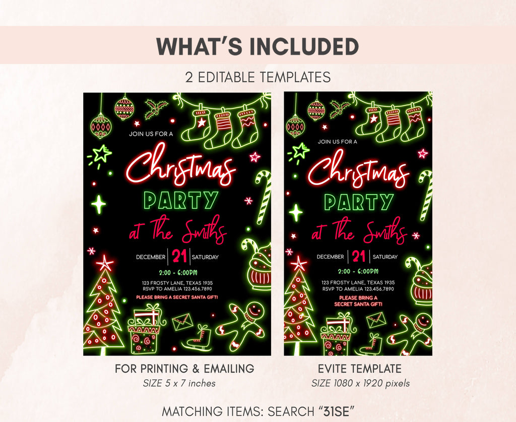 Digital holiday invitation card with modern neon look