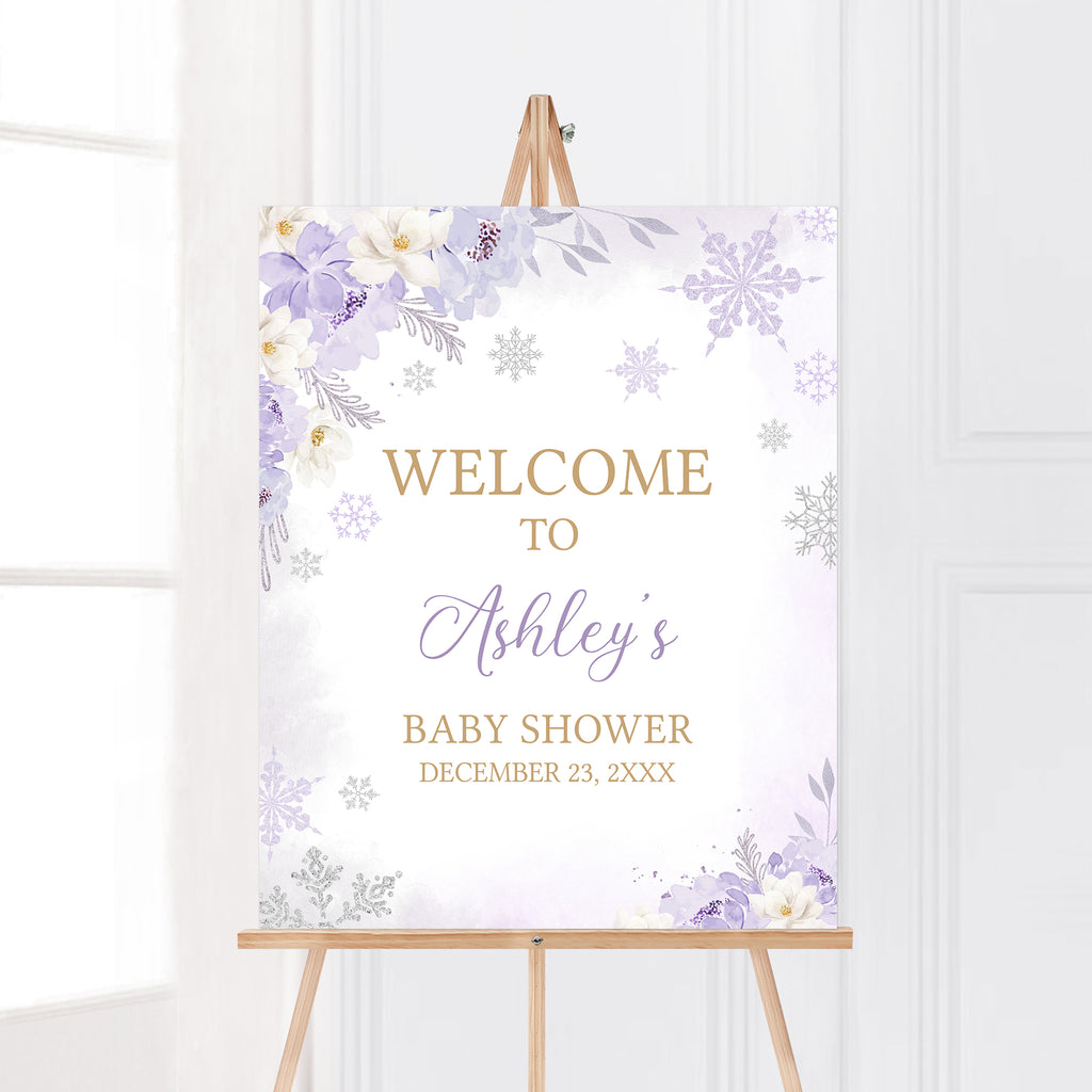 Purple A Little Snowflake Baby Shower Welcome Sign