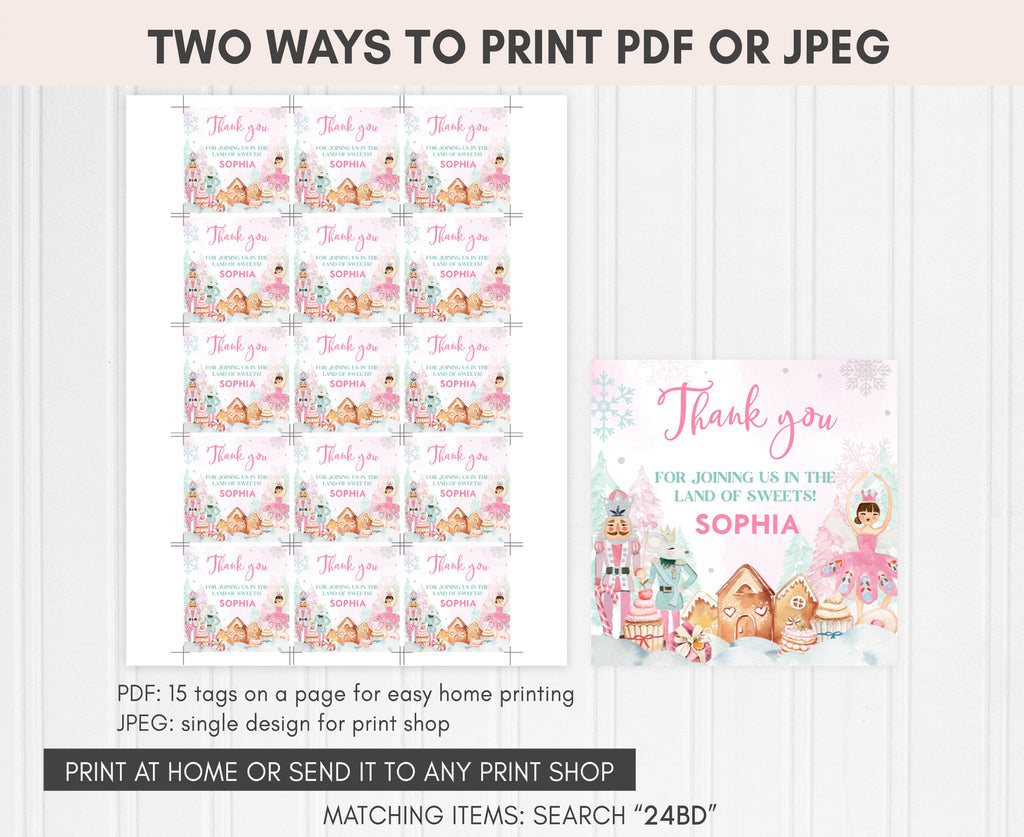 Editable ballerina birthday party favor tags with holiday Nutcracker theme