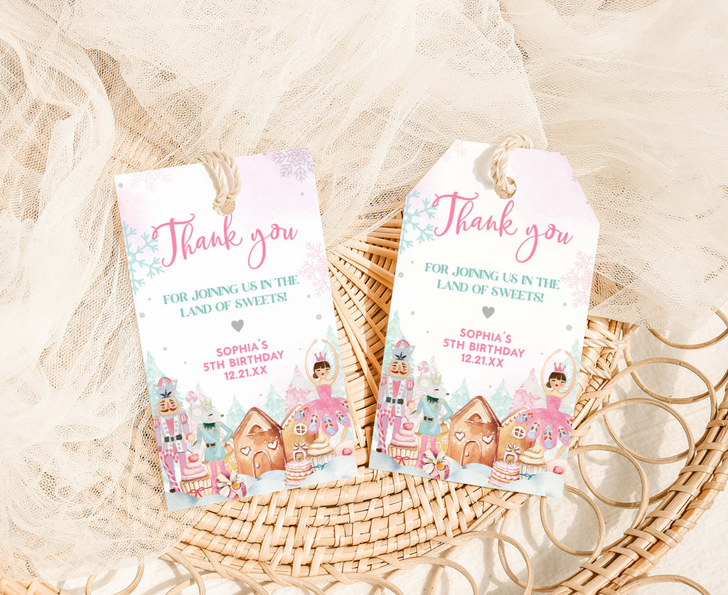 Christmas wonderland favor tag with candy, cupcakes, and sugar plum fairy art
