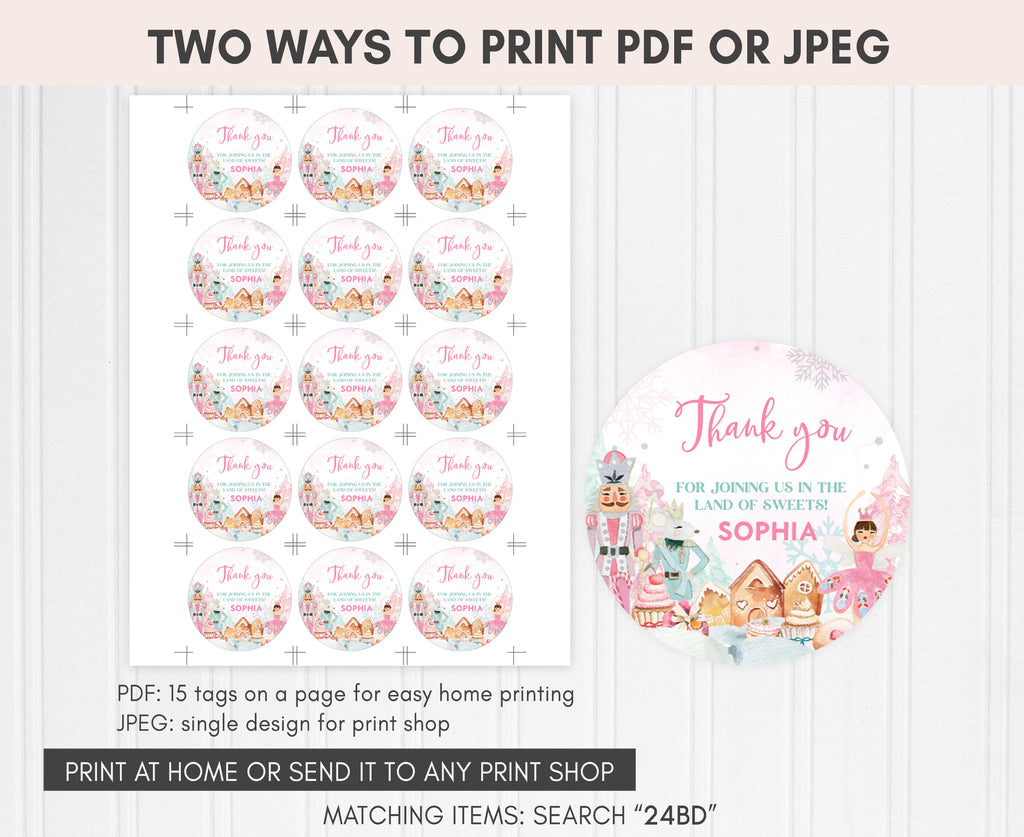 Pink Christmas party favor tags featuring gingerbread house and festive sweets