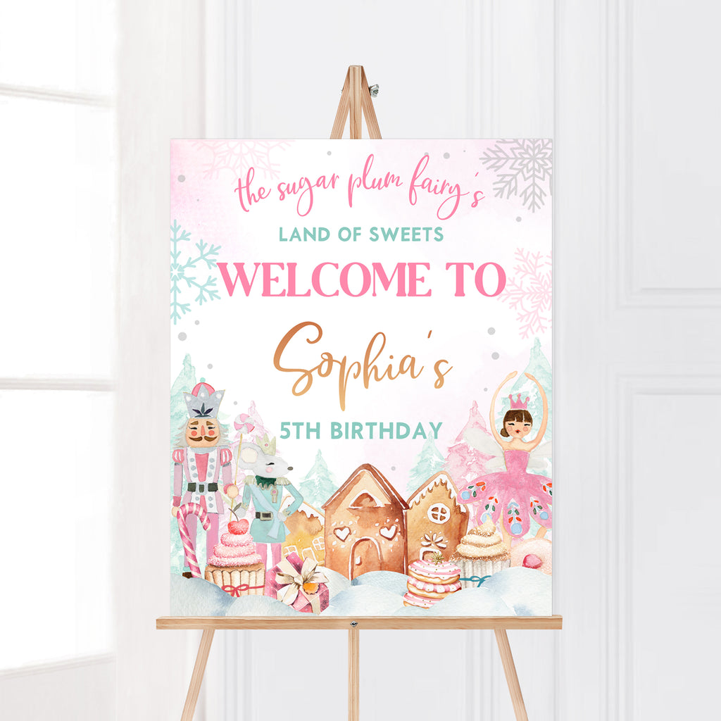 Nutcracker Christmas birthday welcome sign with sugar plum fairy and gingerbread house
