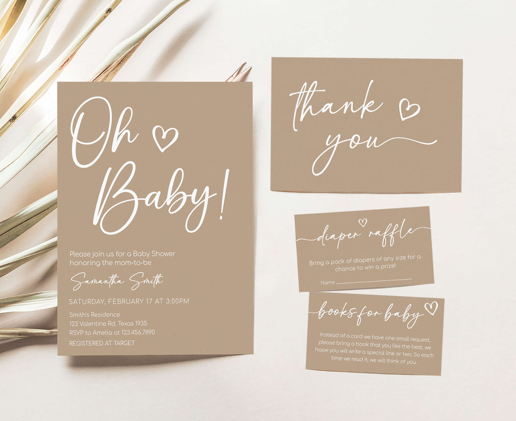 Brown Minimalist Oh Baby Shower Invitation Set