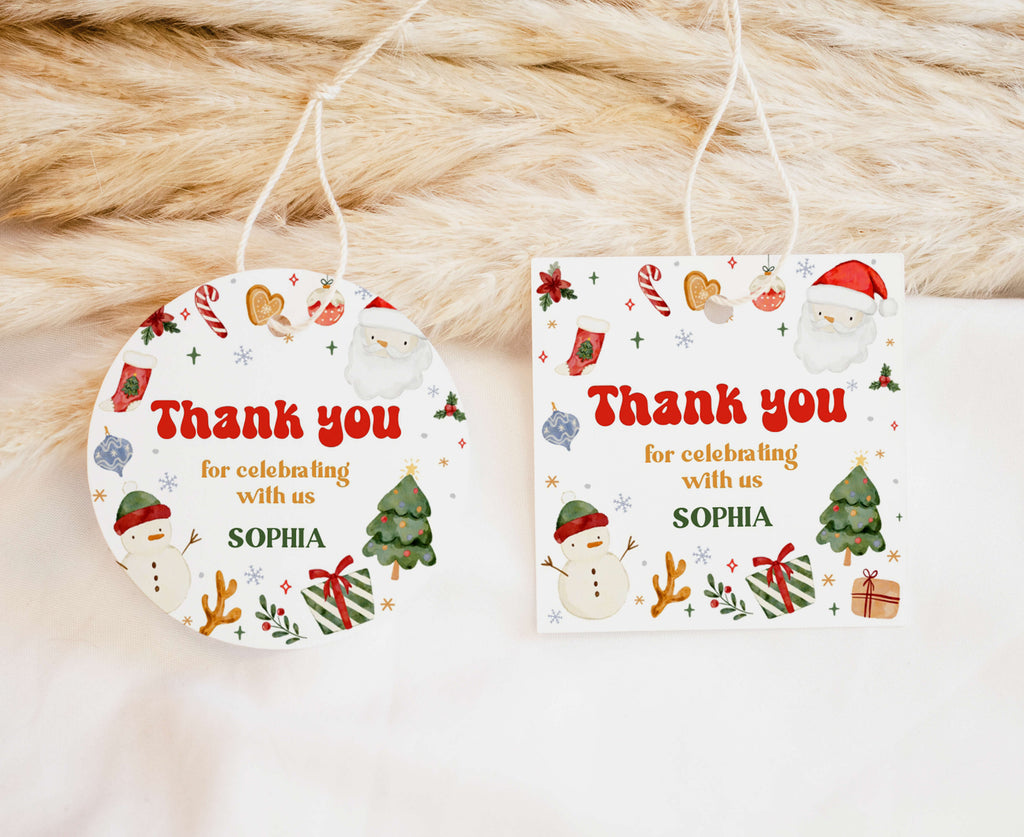 Christmas birthday favor tags with festive red and green holiday design