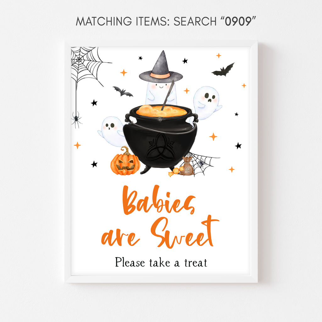 Halloween baby shower Babies are Sweet sign with pumpkin, ghost & cauldron – gender neutral spooky theme
